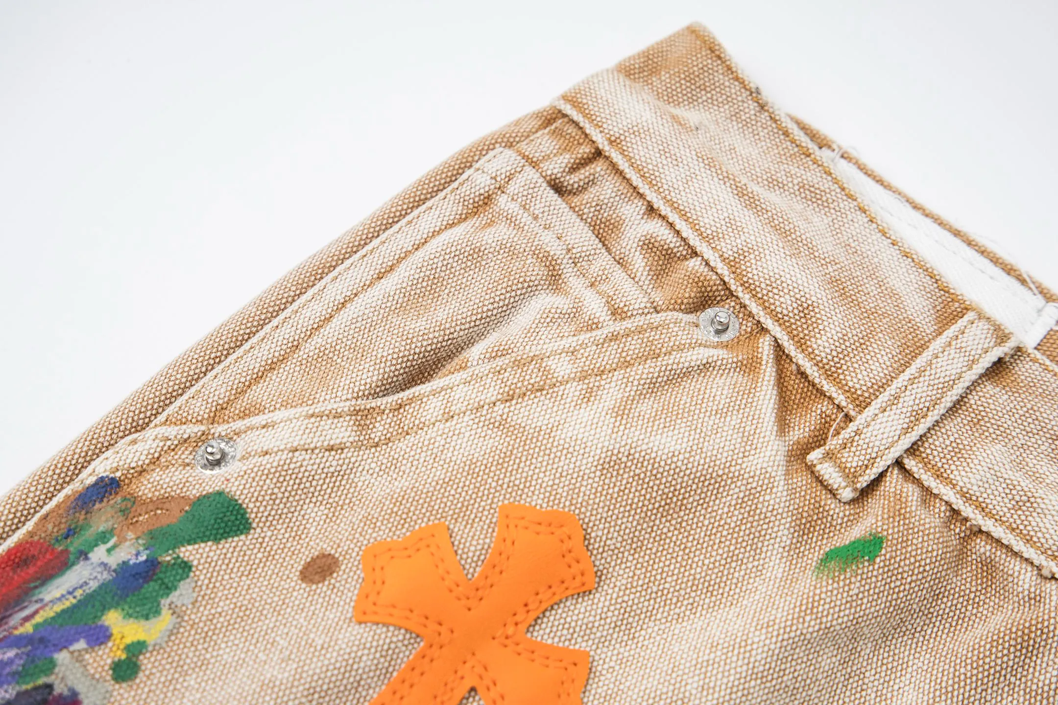 #8200 P260💰 Independent GALLERY DEPT. Vintage splash-ink splicing khaki orange cross loose washed flared jeans - truly restore the ultimate vintage texture - original hardware accessories washed and other elevators, QR code analysis are all purchased from the original factory, high degree of restoration, you are welcome to compare with certain products ~ - three-dimensional version Loose and comfortable, not picky about the figure, tall and slim, factory Seiko, original quality control, same style for men and women, can be matched with couples, versatile recommendation Essential jeans for all seasons - sizes: 28 30 32 34 36